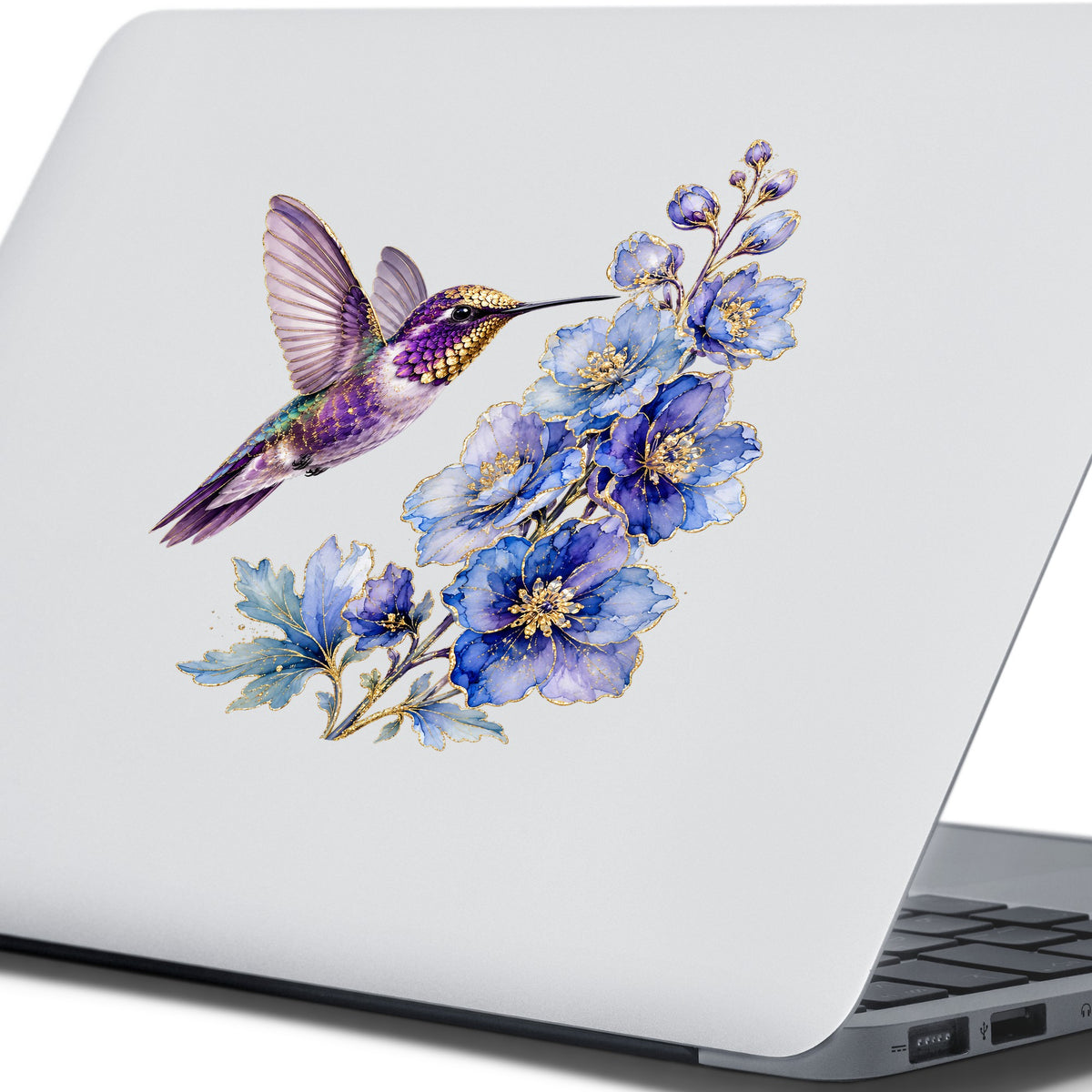Purple Hummingbird Blue Delphinium UV DTF sticker applied to the lid of a silver laptop