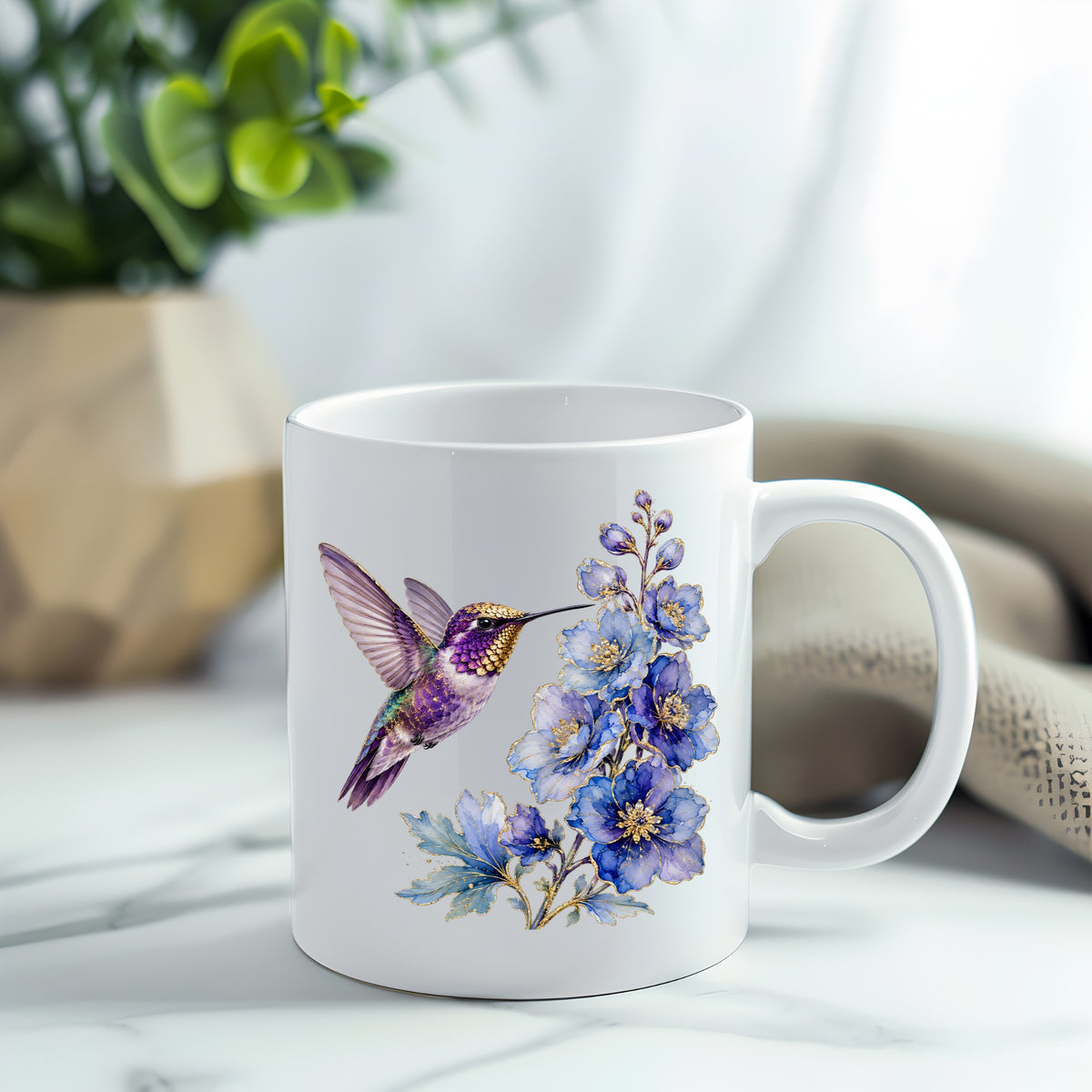 Purple Hummingbird Blue Delphinium UV DTF sticker applied to a white coffee mug