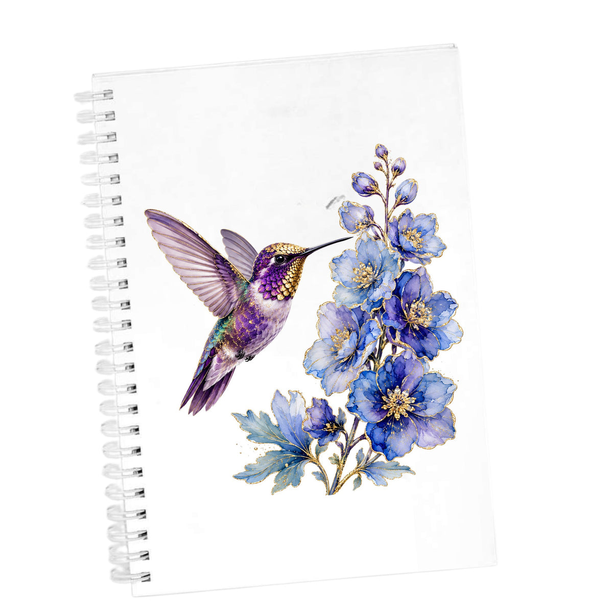Purple Hummingbird Blue Delphinium UV DTF sticker applied to the cover of a white spiral journal