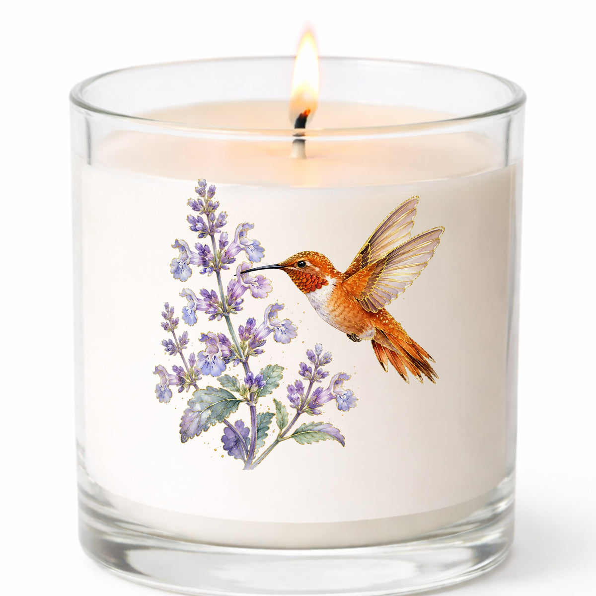 Rufous Hummingbird Lavender UV DTF sticker applied to a white candle in a clear glass jar