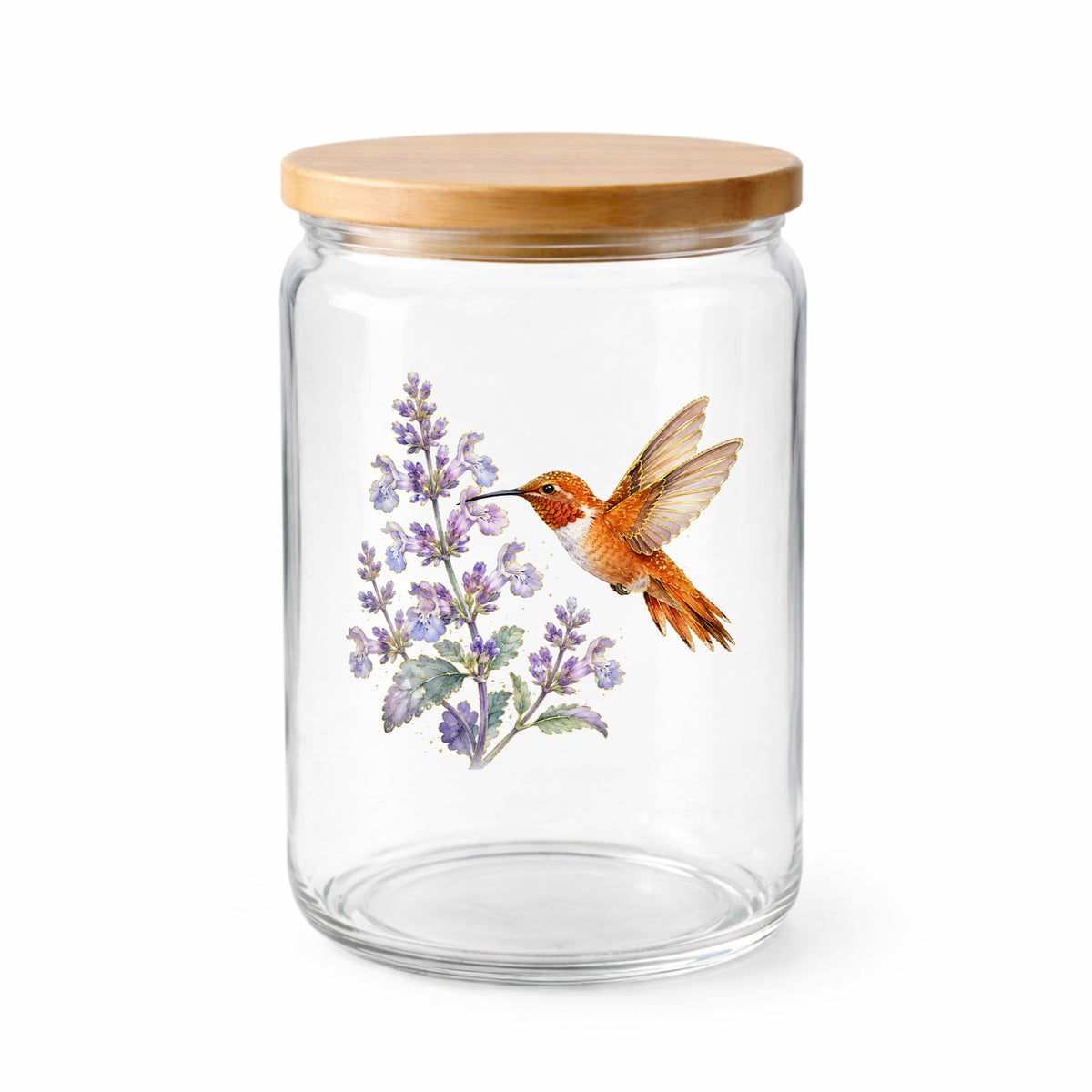Rufous Hummingbird Lavender UV DTF sticker applied to a clear glass jar with a wooden lid