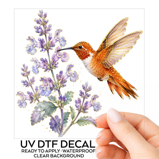 Rufous Hummingbird Lavender UV DTF sticker on its backing card, held in hand