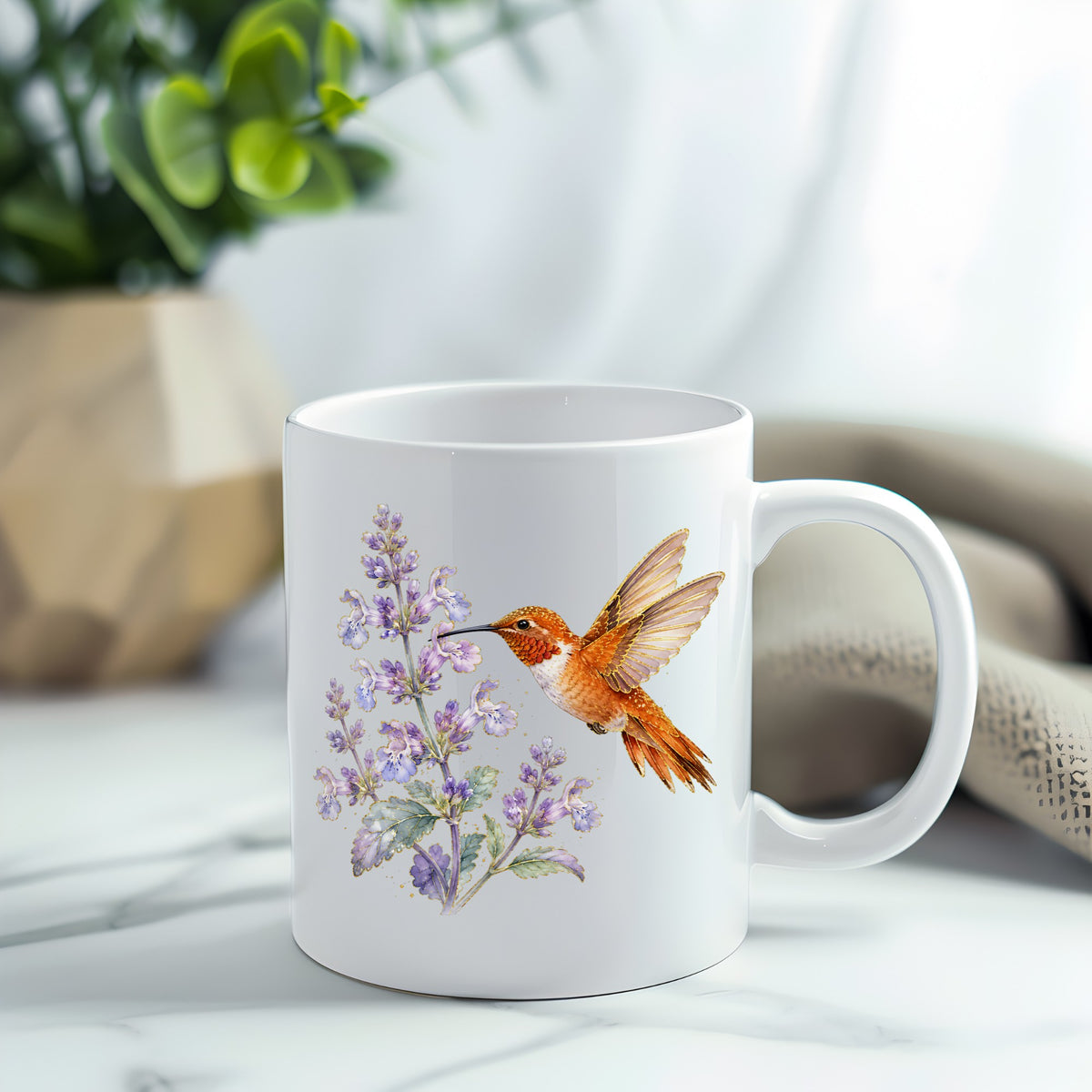 Rufous Hummingbird Lavender UV DTF sticker applied to a white coffee mug