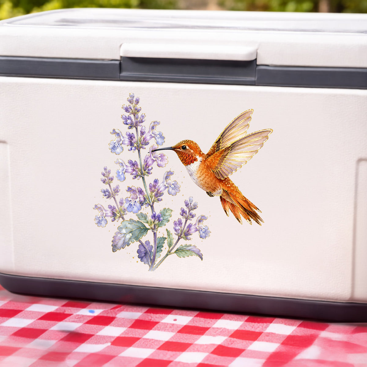 Rufous Hummingbird Lavender UV DTF sticker applied to a white cooler on a red gingham cloth