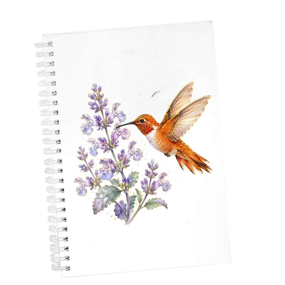 Rufous Hummingbird Lavender UV DTF sticker applied to the cover of a white spiral journal