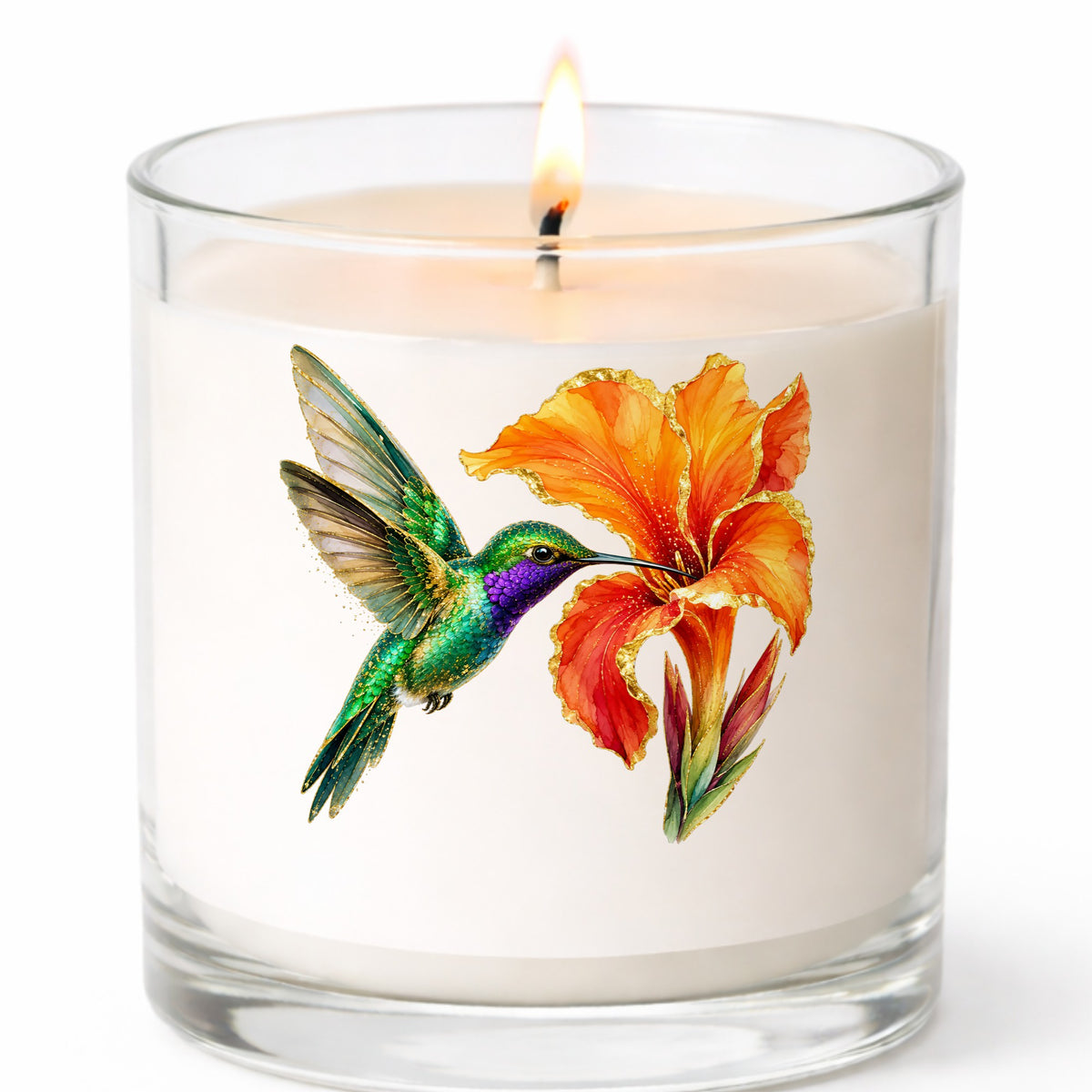Hummingbird Orange Canna Lily UV DTF sticker applied to a white candle in a clear glass jar
