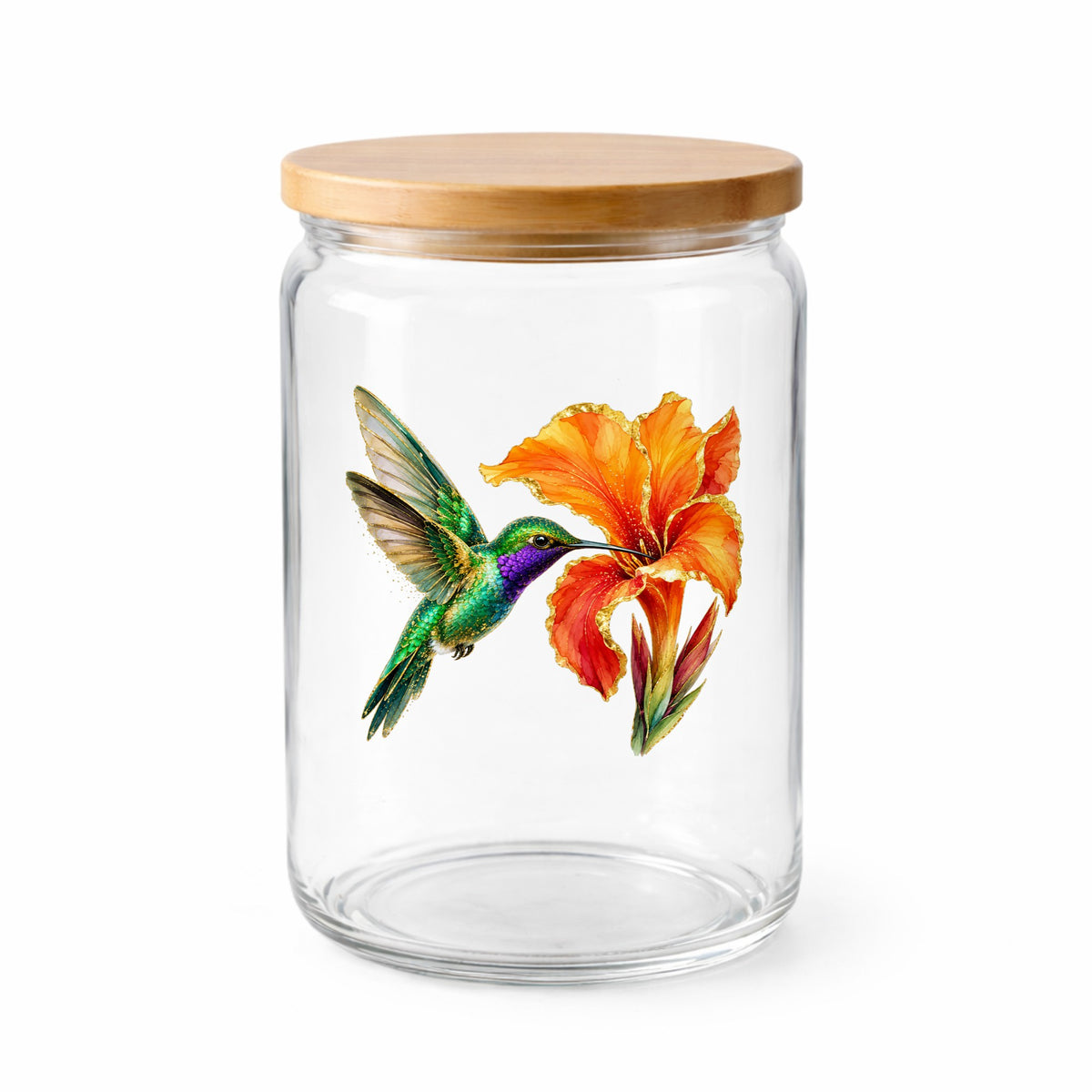 Hummingbird Orange Canna Lily UV DTF sticker applied to a clear glass jar with a wooden lid