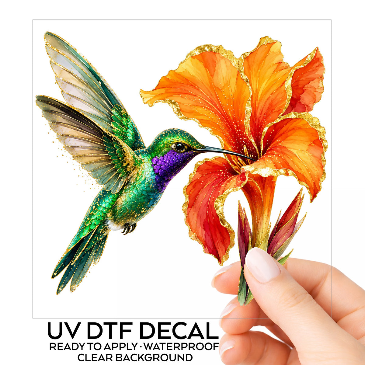 Hummingbird Orange Canna Lily UV DTF sticker on its backing card, held in hand