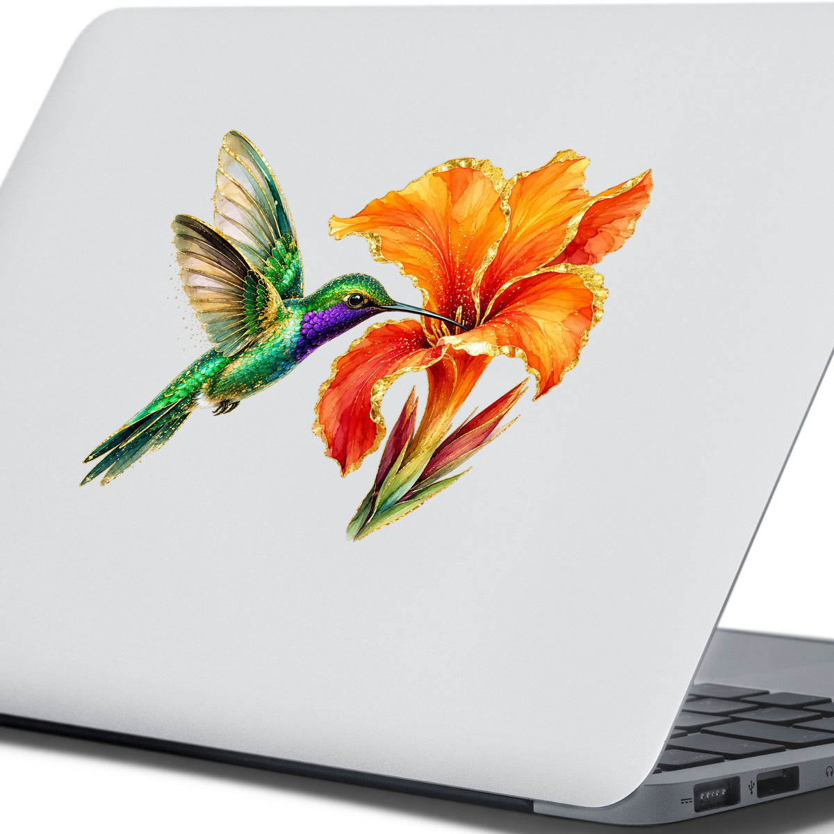 Hummingbird Orange Canna Lily UV DTF sticker applied to the lid of a silver laptop