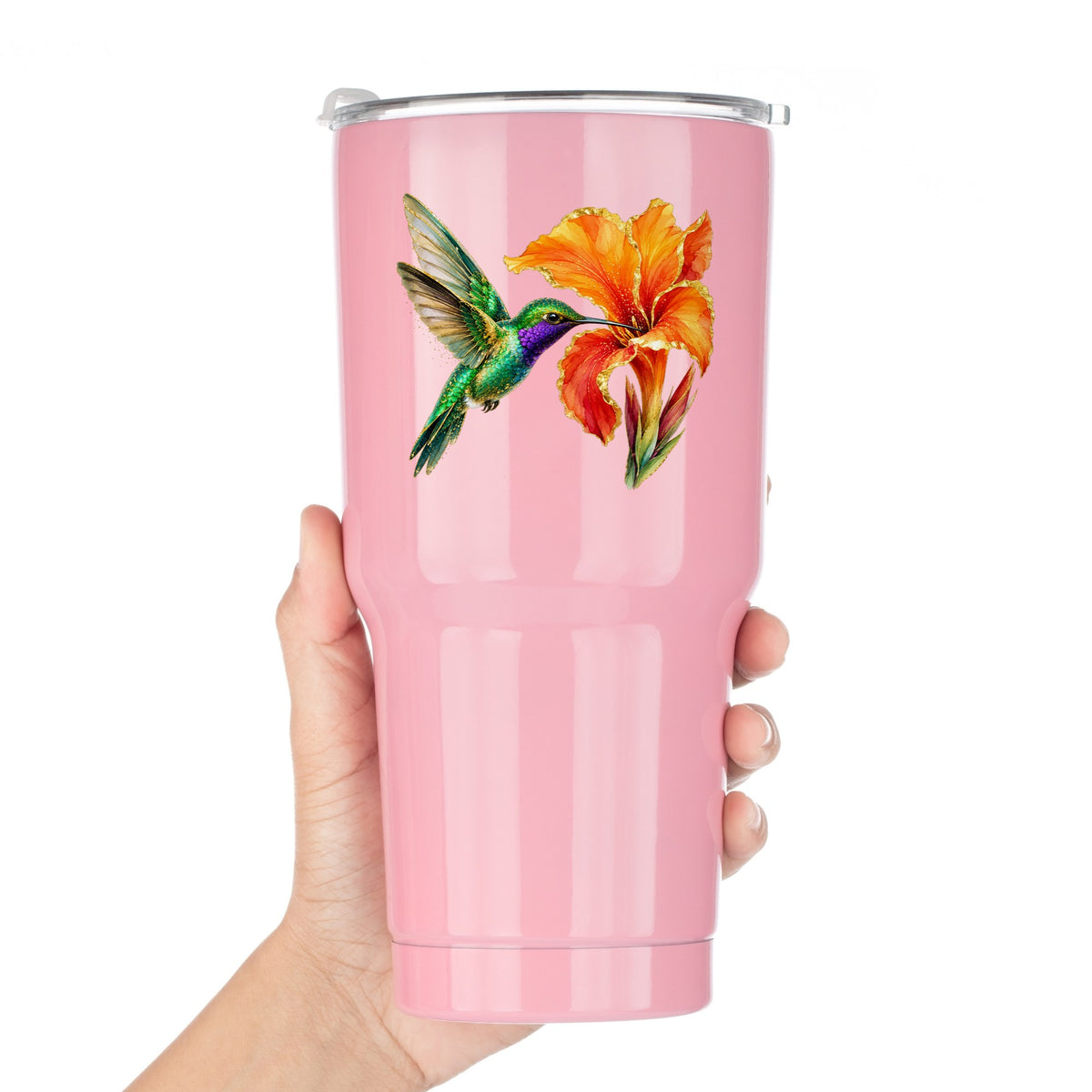 Hummingbird Orange Canna Lily UV DTF sticker applied to a pink tumbler held against a white background