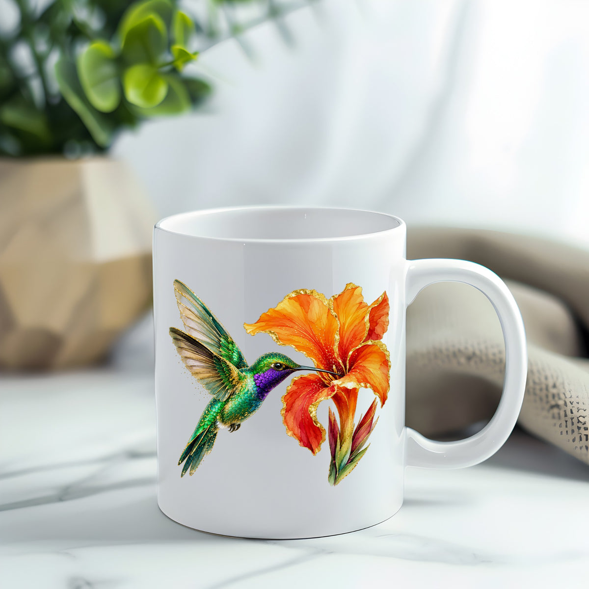 Hummingbird Orange Canna Lily UV DTF sticker applied to a white coffee mug