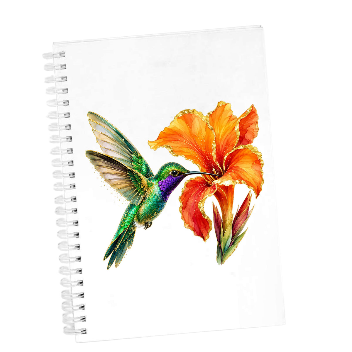 Hummingbird Orange Canna Lily UV DTF sticker applied to the cover of a white spiral journal