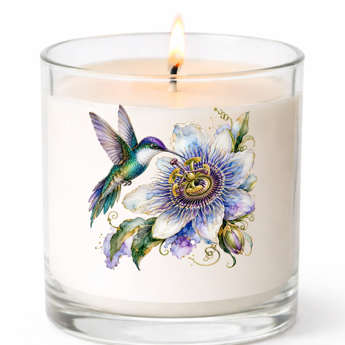 Hummingbird Passion Flower UV DTF sticker applied to a white candle in a clear glass jar