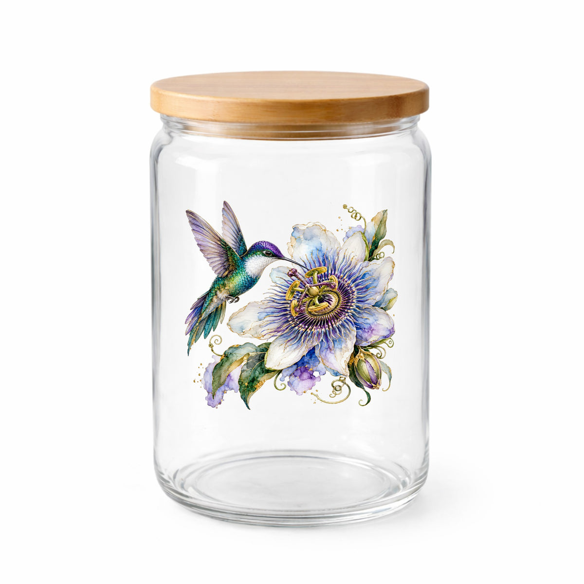 Hummingbird Passion Flower UV DTF sticker applied to a clear glass jar with a wooden lid