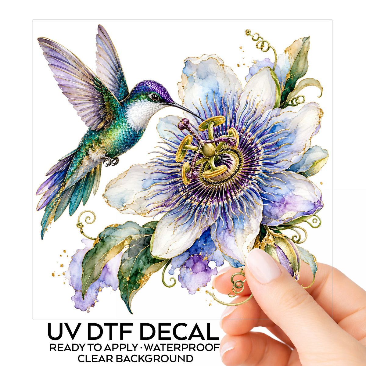 Hummingbird Passion Flower UV DTF sticker on its backing card, held in hand