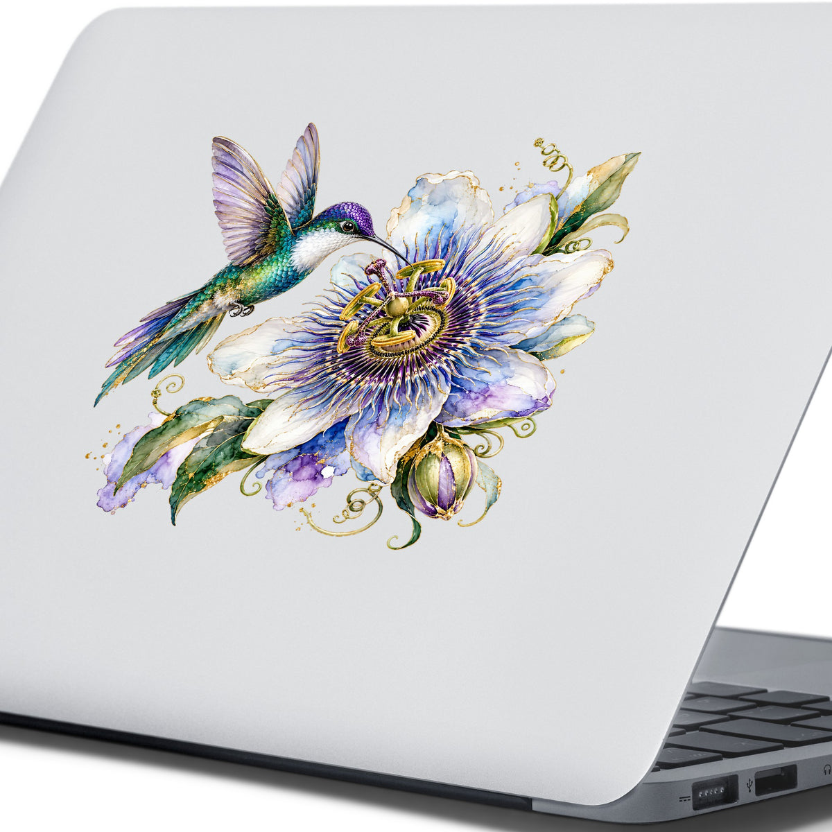 Hummingbird Passion Flower UV DTF sticker applied to the lid of a silver laptop