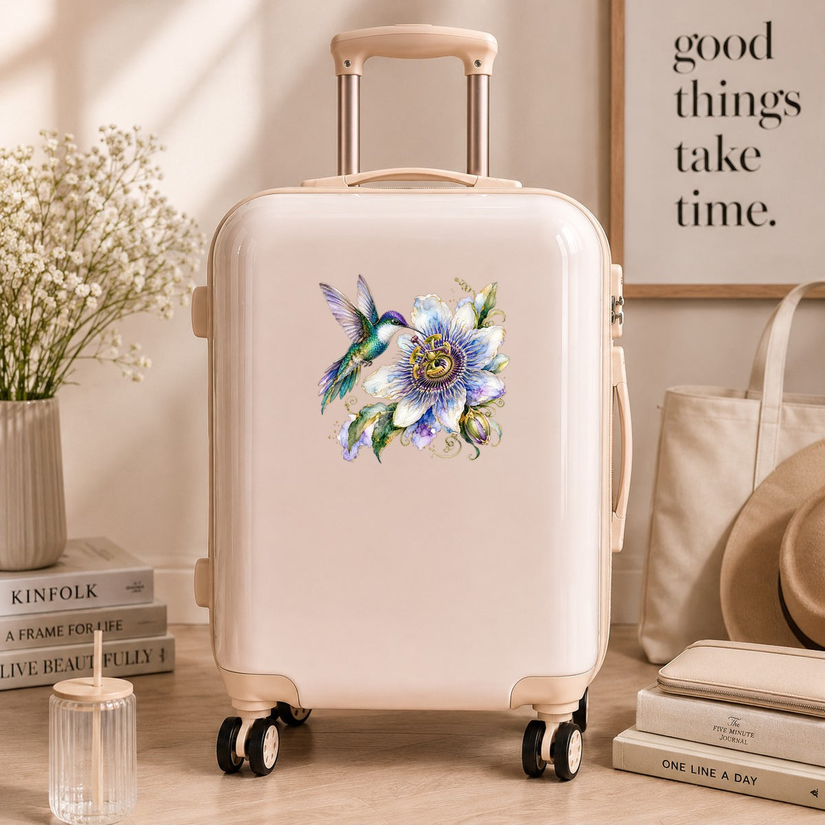 Hummingbird Passion Flower UV DTF sticker applied to a cream carry-on suitcase