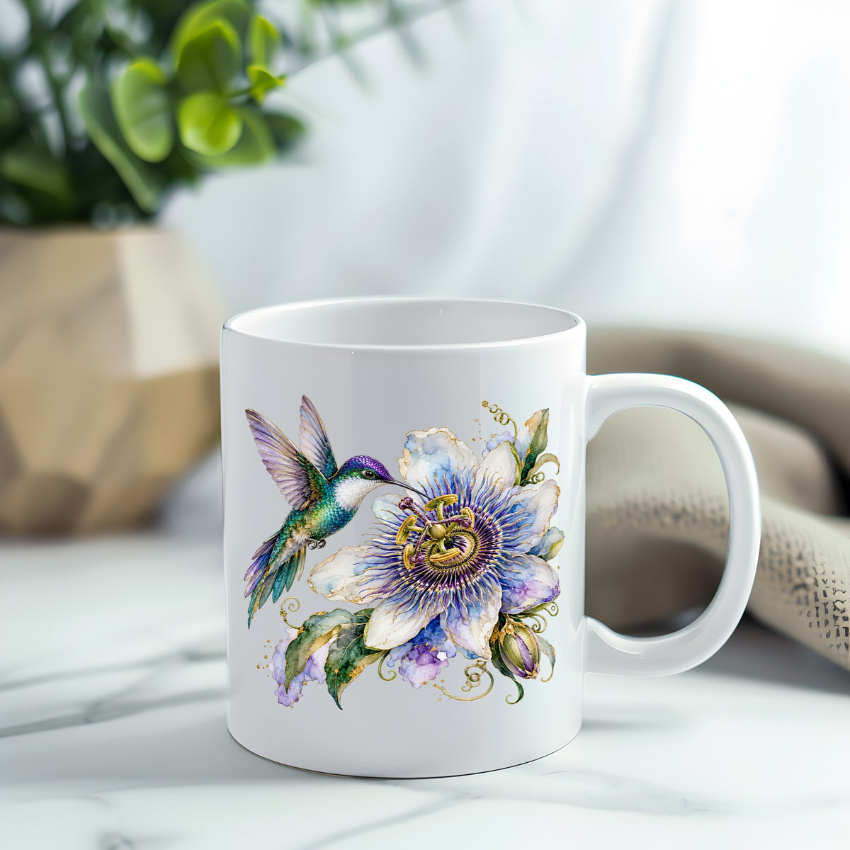 Hummingbird Passion Flower UV DTF sticker applied to a white coffee mug