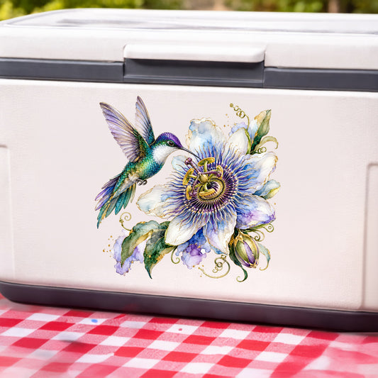 Hummingbird Passion Flower UV DTF sticker applied to a white cooler on a red gingham cloth
