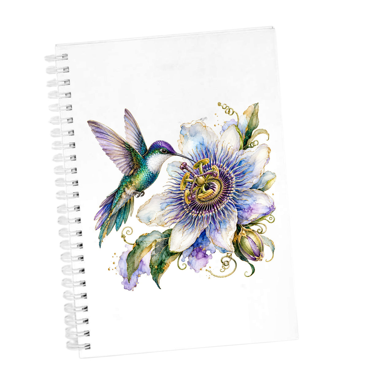 Hummingbird Passion Flower UV DTF sticker applied to the cover of a white spiral journal