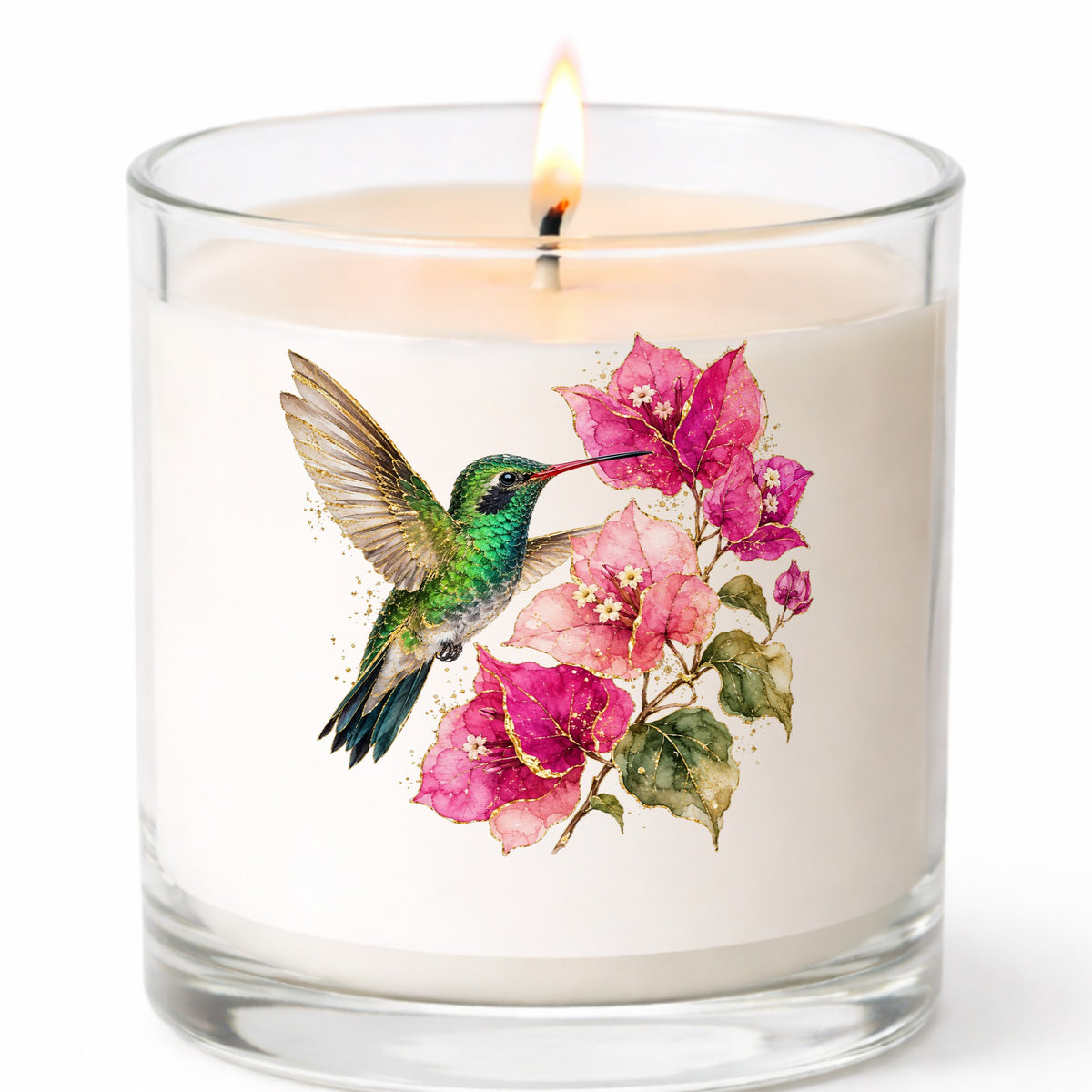Hummingbird Pink Bougainvillea UV DTF sticker applied to a white candle in a clear glass jar