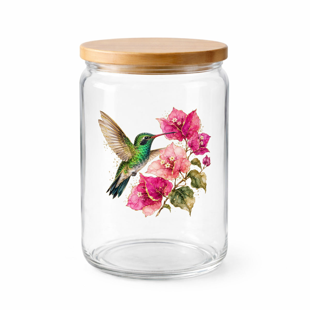 Hummingbird Pink Bougainvillea UV DTF sticker applied to a clear glass jar with a wooden lid