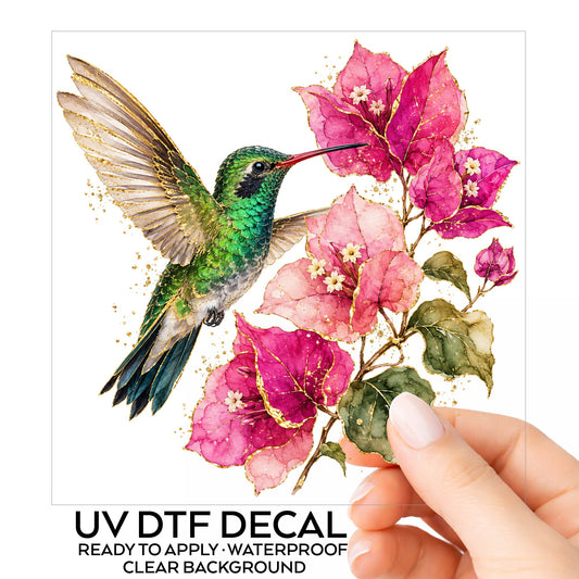 Hummingbird Pink Bougainvillea UV DTF sticker on its backing card, held in hand