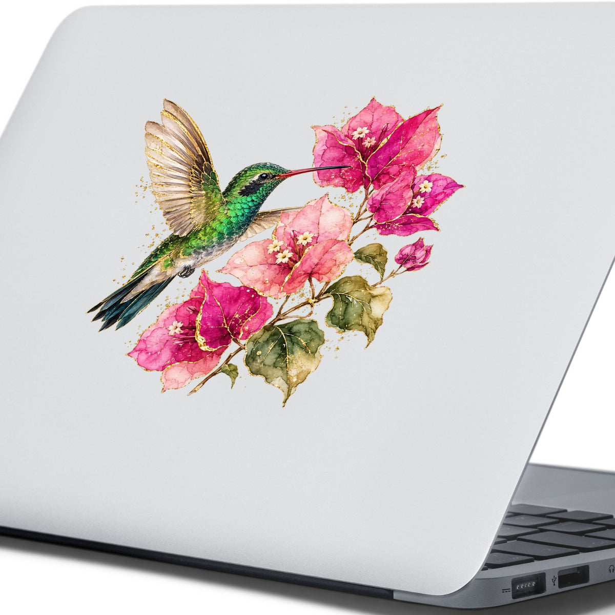 Hummingbird Pink Bougainvillea UV DTF sticker applied to the lid of a silver laptop