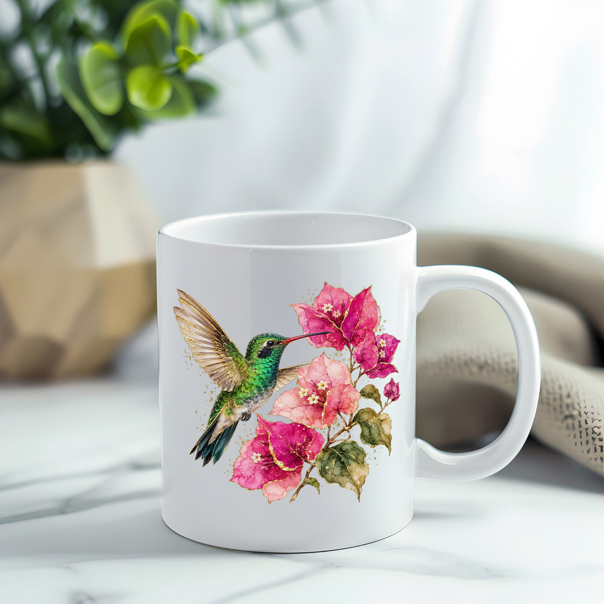 Hummingbird Pink Bougainvillea UV DTF sticker applied to a white coffee mug