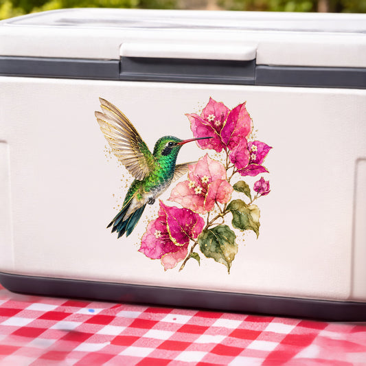 Hummingbird Pink Bougainvillea UV DTF sticker applied to a white cooler on a red gingham cloth