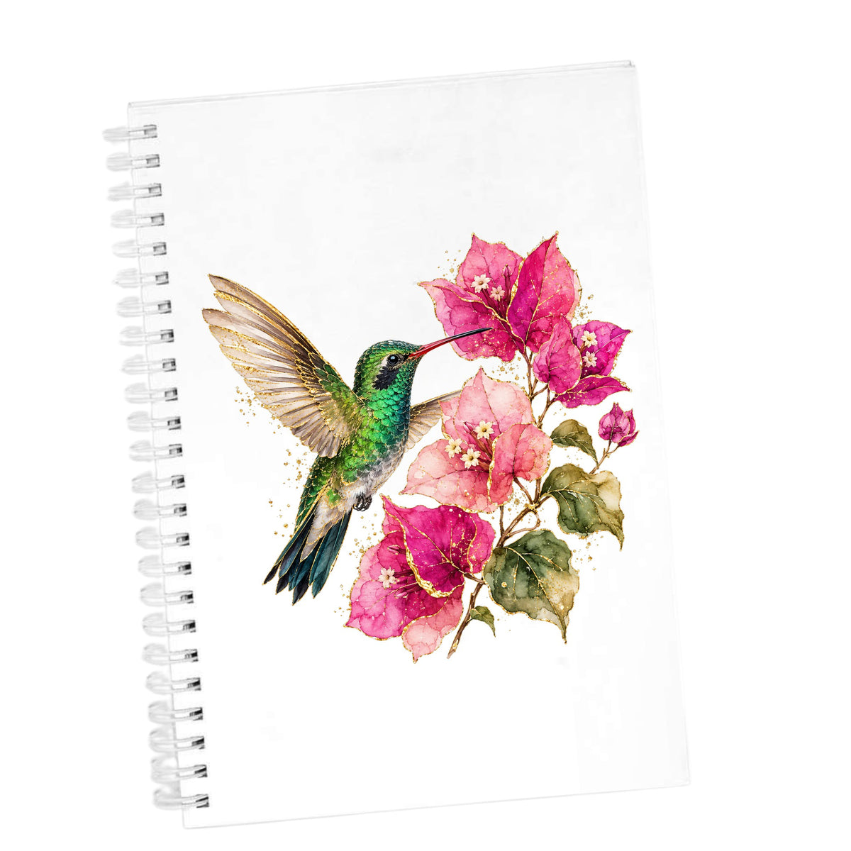 Hummingbird Pink Bougainvillea UV DTF sticker applied to the cover of a white spiral journal