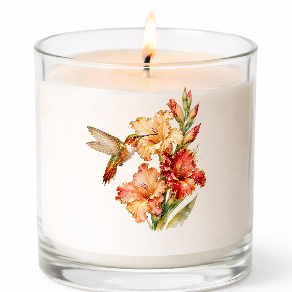 Hummingbird Peach Gladiolus UV DTF sticker applied to a white candle in a clear glass jar