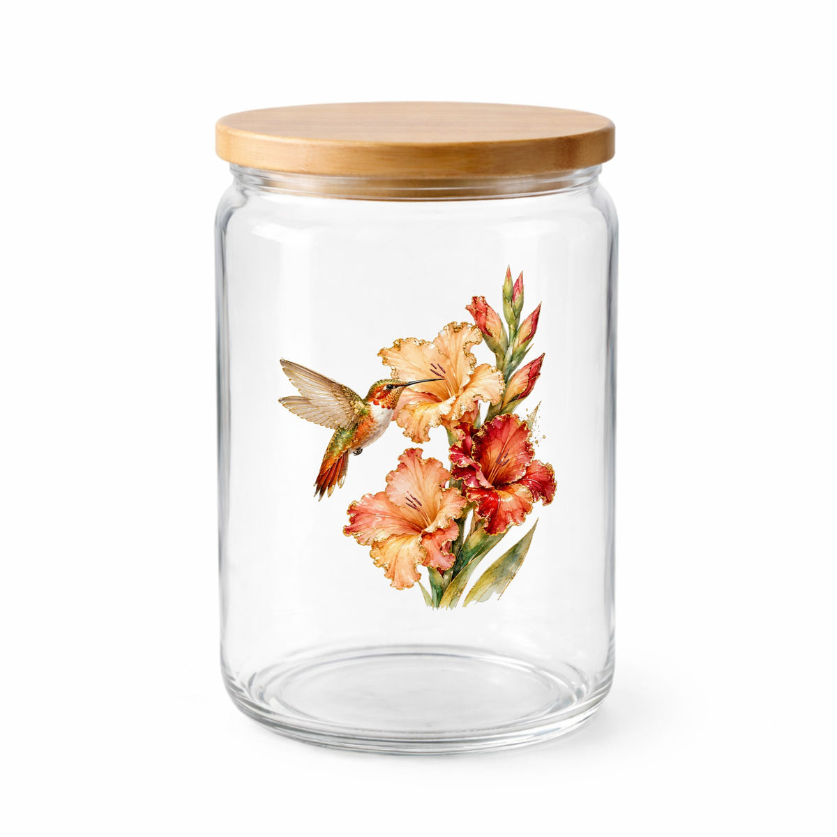 Hummingbird Peach Gladiolus UV DTF sticker applied to a clear glass jar with a wooden lid