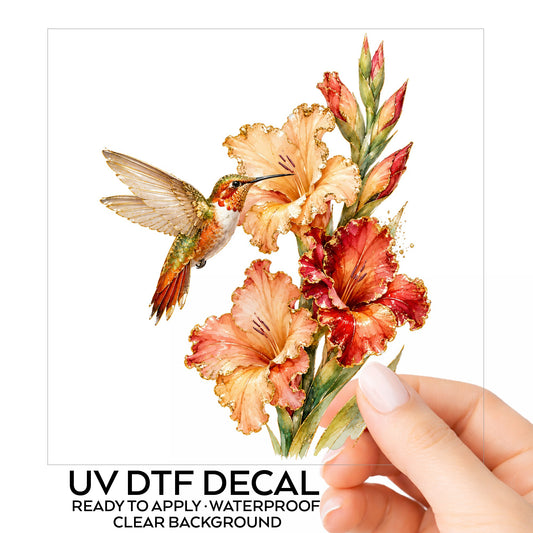 Hummingbird Peach Gladiolus UV DTF sticker on its backing card, held in hand