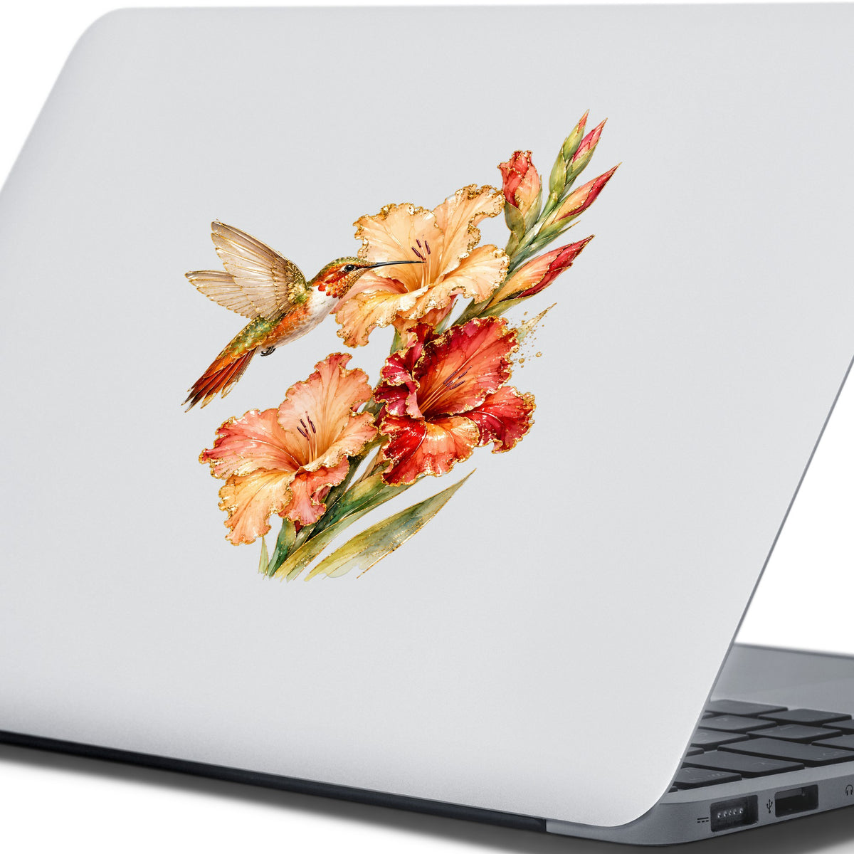 Hummingbird Peach Gladiolus UV DTF sticker applied to the lid of a silver laptop