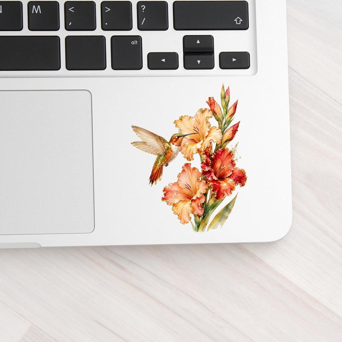 Hummingbird Peach Gladiolus UV DTF sticker applied to a silver laptop beside the keyboard