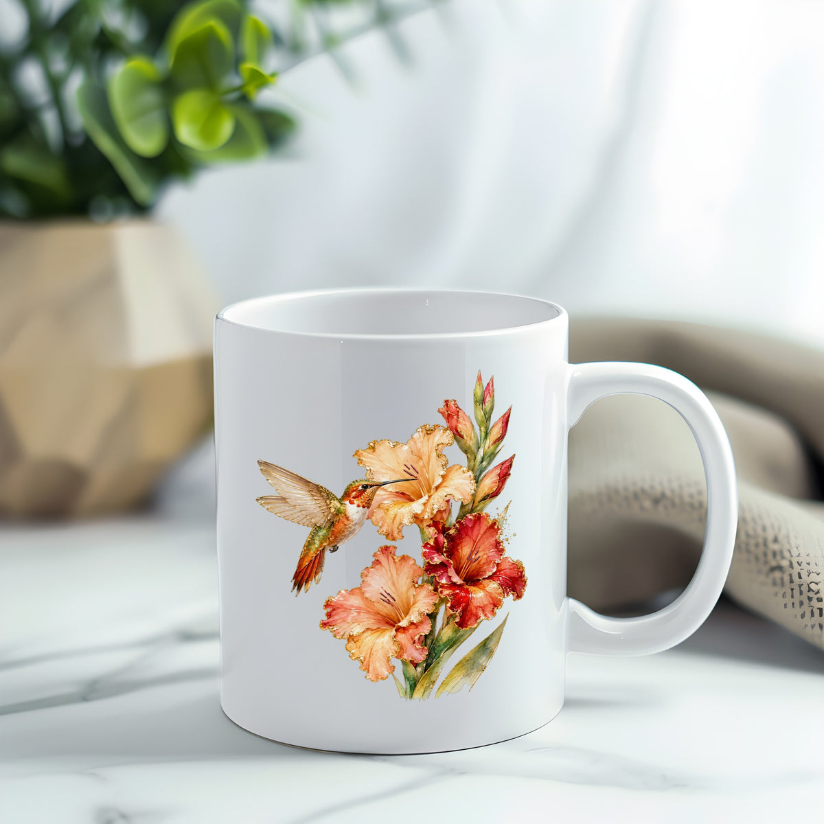 Hummingbird Peach Gladiolus UV DTF sticker applied to a white coffee mug