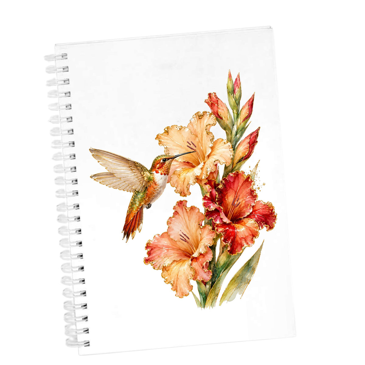 Hummingbird Peach Gladiolus UV DTF sticker applied to the cover of a white spiral journal
