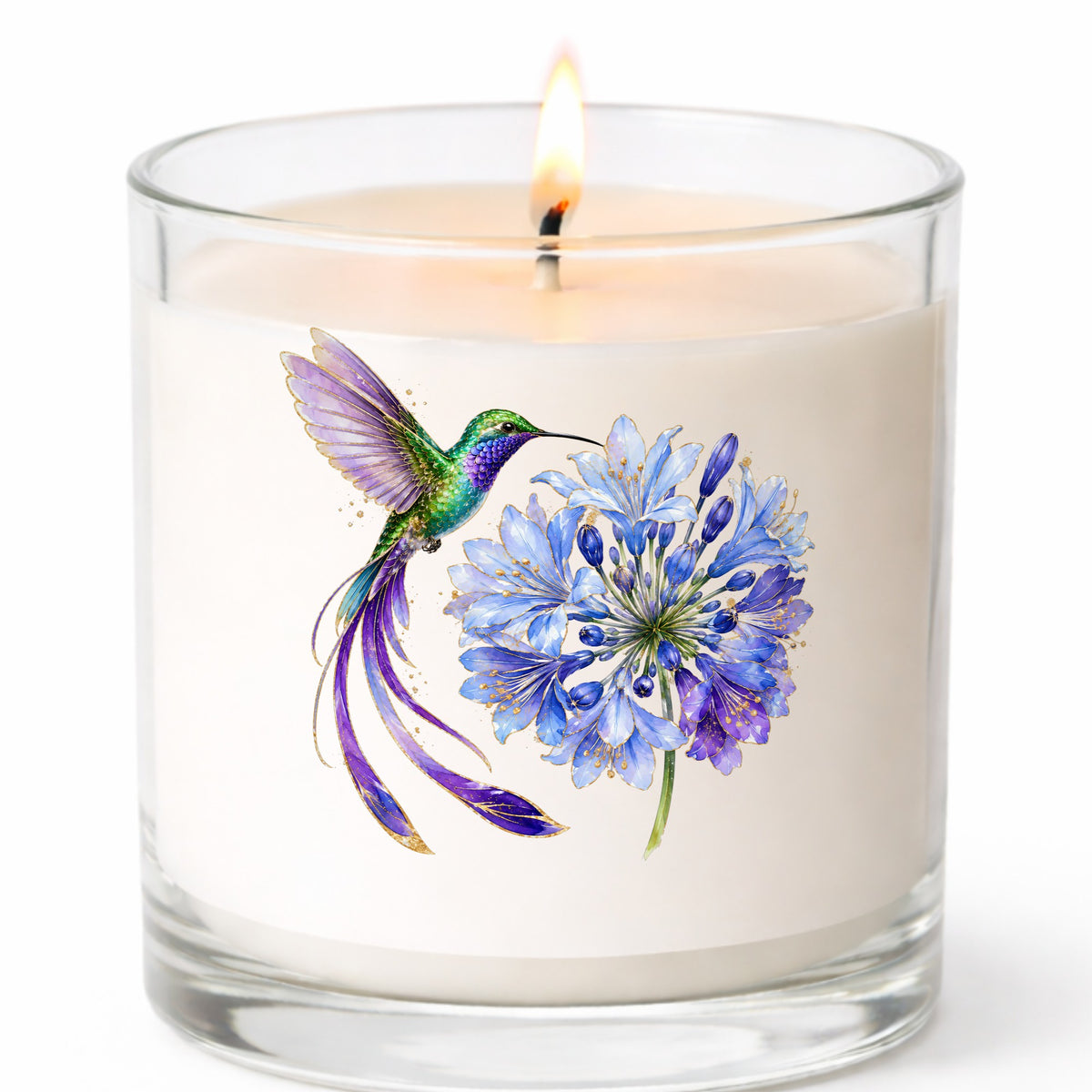 Hummingbird Blue Agapanthus UV DTF sticker applied to a white candle in a clear glass jar