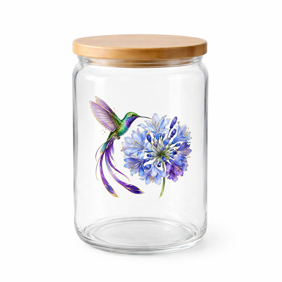 Hummingbird Blue Agapanthus UV DTF sticker applied to a clear glass jar with a wooden lid