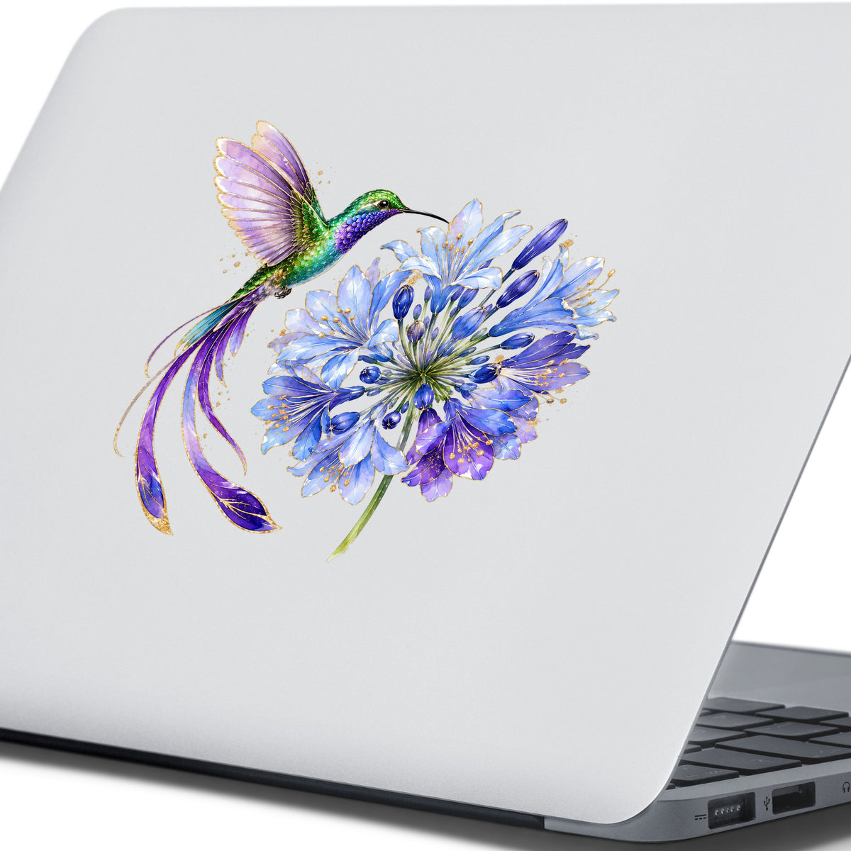 Hummingbird Blue Agapanthus UV DTF sticker applied to the lid of a silver laptop