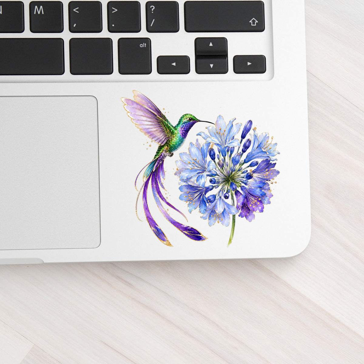 Hummingbird Blue Agapanthus UV DTF sticker applied to a silver laptop beside the keyboard