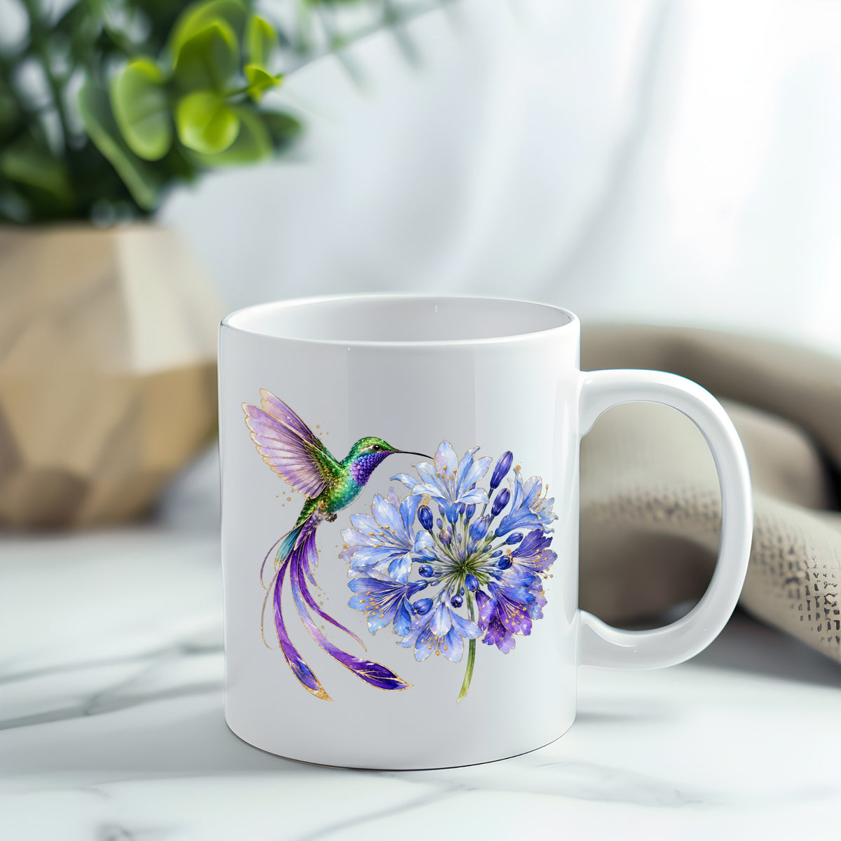 Hummingbird Blue Agapanthus UV DTF sticker applied to a white coffee mug