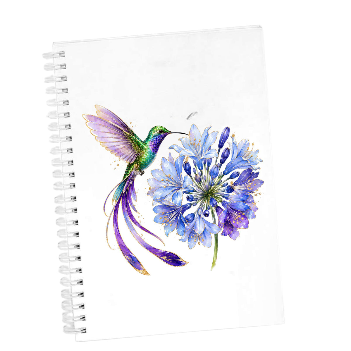Hummingbird Blue Agapanthus UV DTF sticker applied to the cover of a white spiral journal