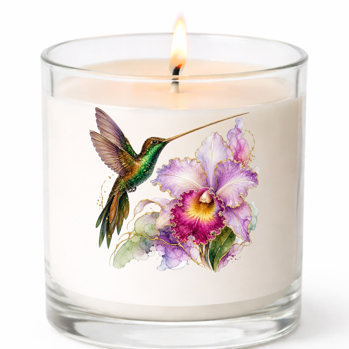 Hummingbird Purple Orchid UV DTF sticker applied to a white candle in a clear glass jar