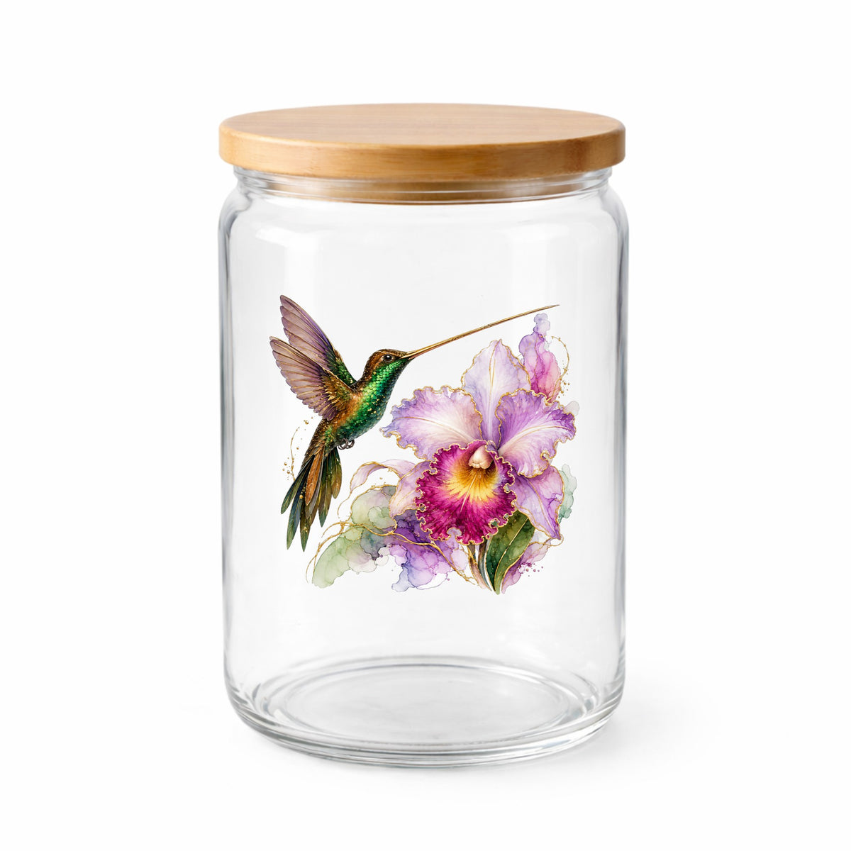 Hummingbird Purple Orchid UV DTF sticker applied to a clear glass jar with a wooden lid