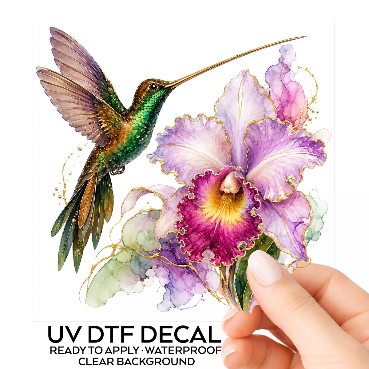 Hummingbird Purple Orchid UV DTF sticker on its backing card, held in hand