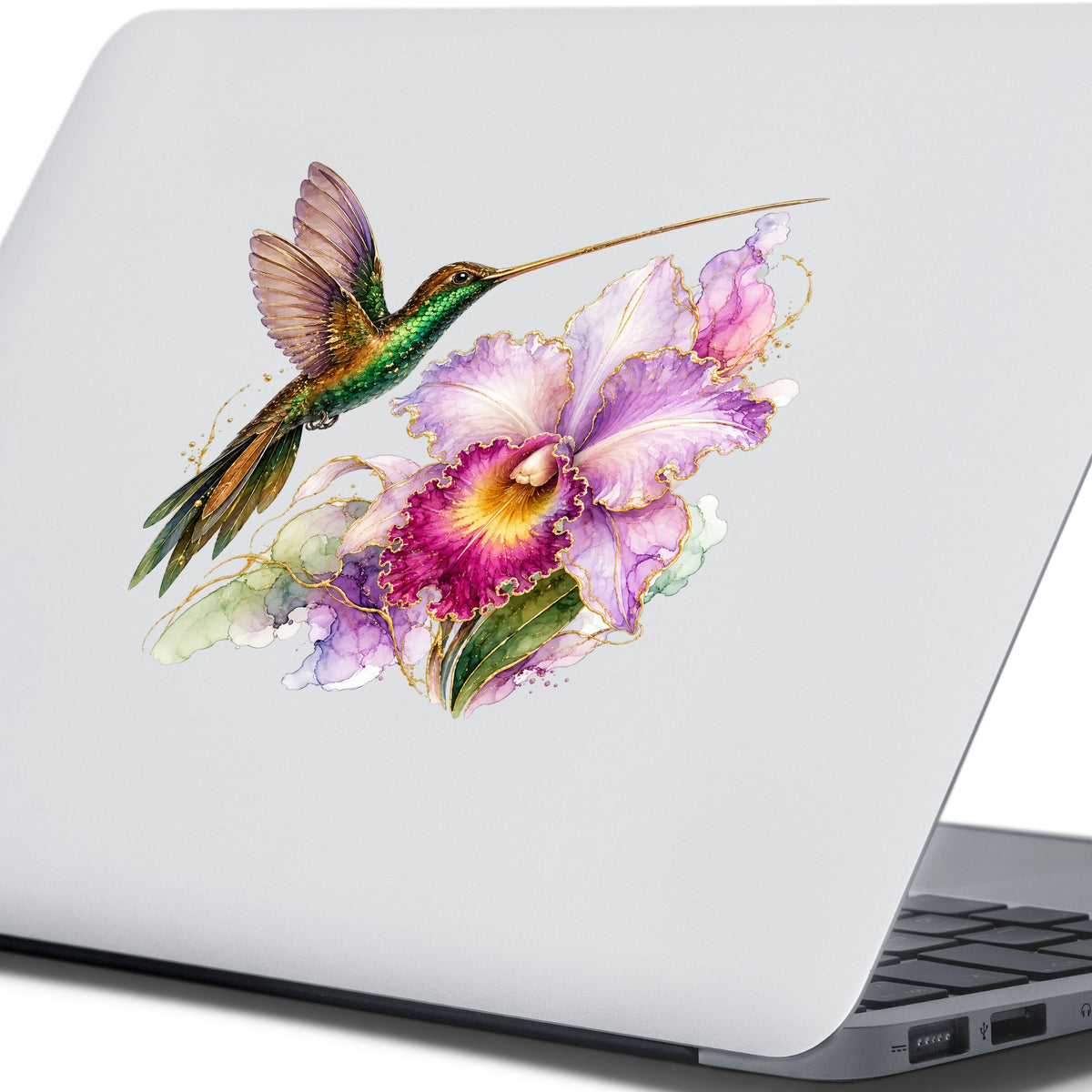 Hummingbird Purple Orchid UV DTF sticker applied to the lid of a silver laptop