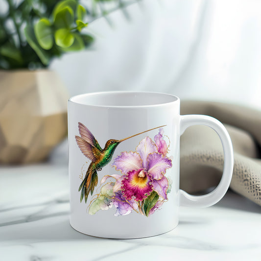 Hummingbird Purple Orchid UV DTF sticker applied to a white coffee mug