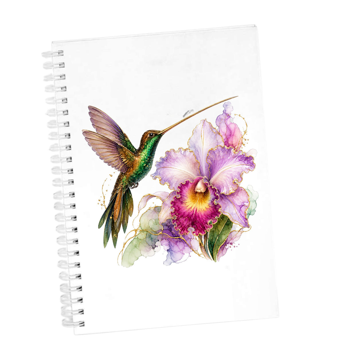 Hummingbird Purple Orchid UV DTF sticker applied to the cover of a white spiral journal